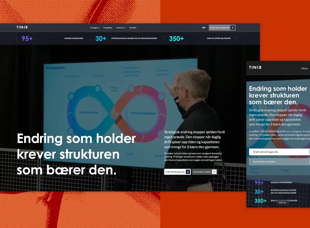 The tinkr.no home page on desktop and mobile, on an orange halftone.